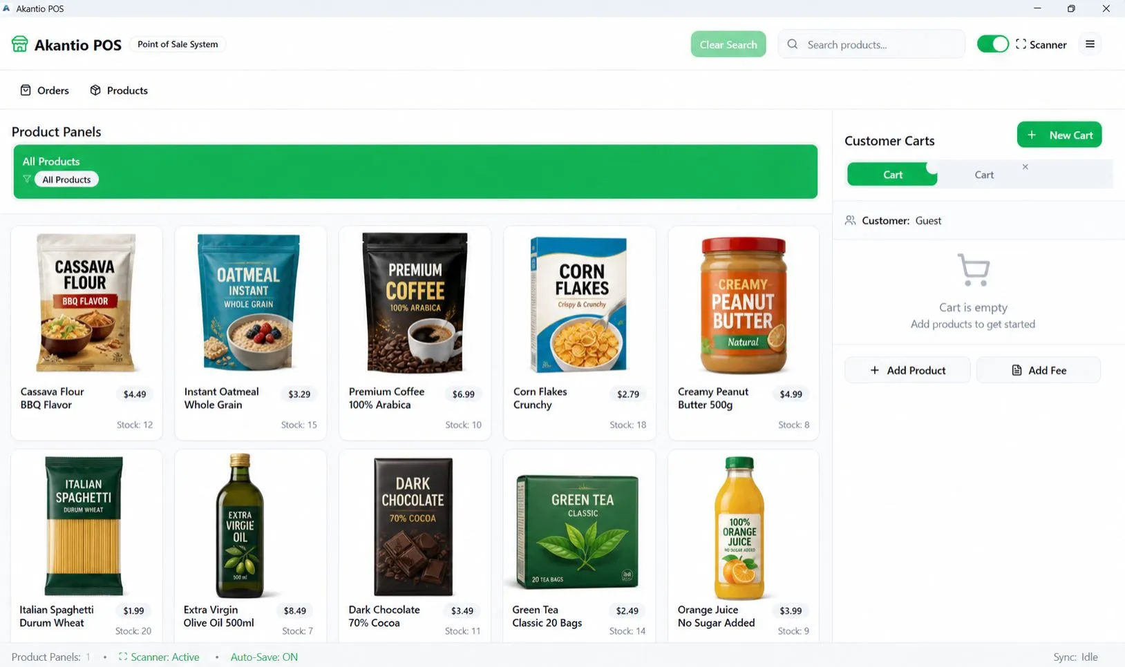 Akantio POS checkout screen with product grid and basket